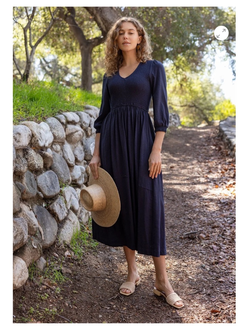 LOVESTITCH Mirabella Smocked Maxi Dress Large Navy Blue Boho Milkmaid Prairie